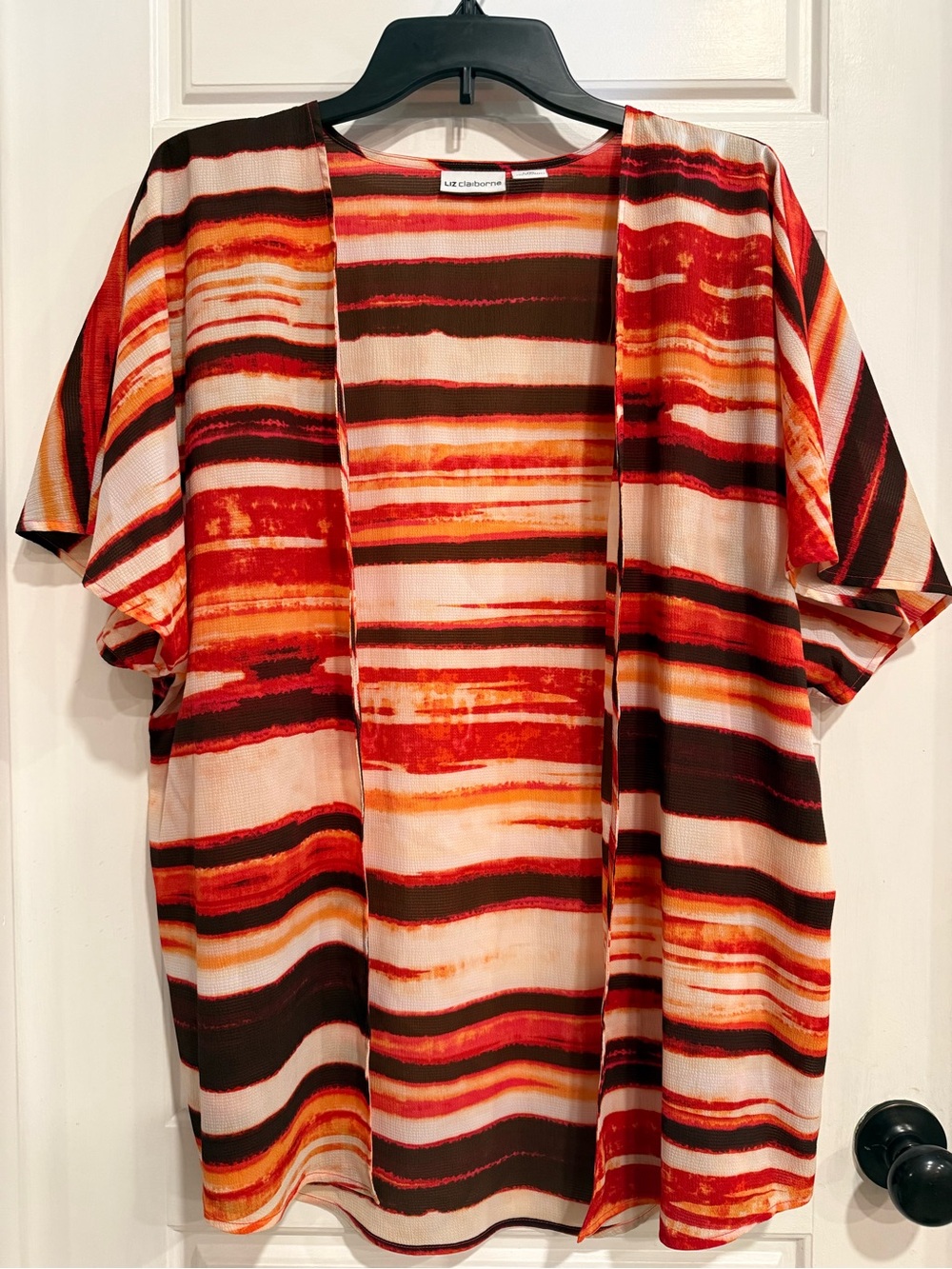 Liz Claiborne L XL Striped Kimono Cardigan Orange Brown Open Front Boho